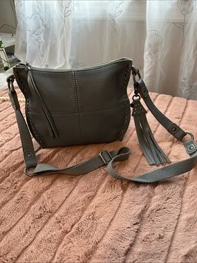 Fossil Gray Pebbled Leather Crossbody with Tassel & Stud Details